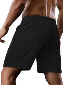 Manfinity Homme Men Letter Graphic Drawstring Shorts Knee Plain Casual - Black - View 2