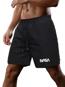 Manfinity Homme Men Letter Graphic Drawstring Shorts Knee Plain Casual - Black - View 5