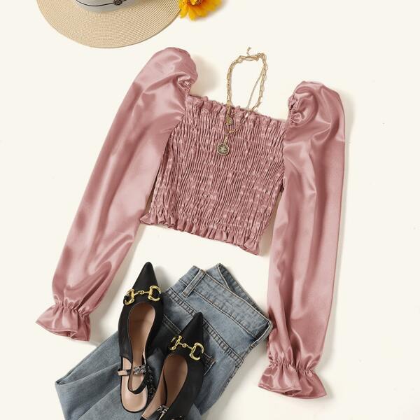 

Bell Sleeve Shirred Satin Crop Top, Dusty pink
