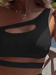 SHEIN Swim Bikini con un solo hombro con recortes de verano - Negro - Ver 4