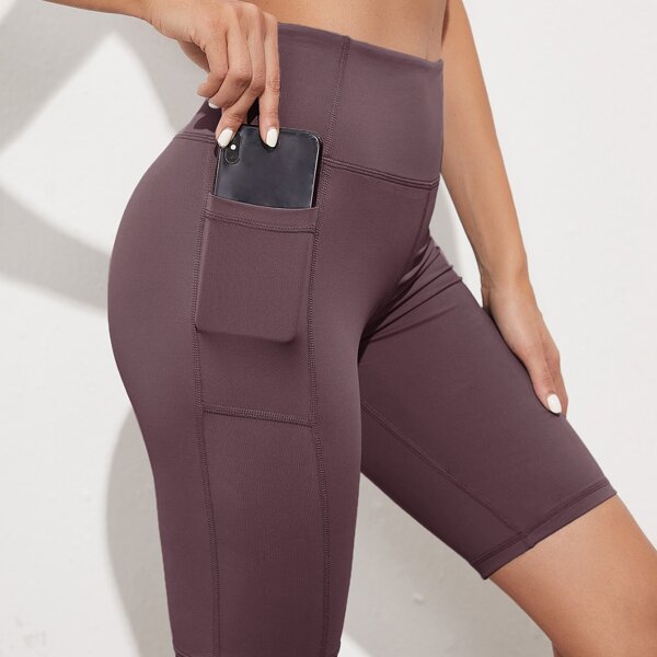

High Stretch Wide Band Waist Sports Shorts With Phone Pocket, Red violet