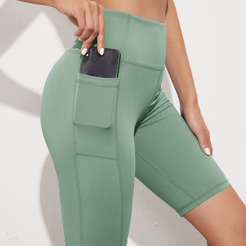 

High Stretch Wide Band Waist Sports Shorts With Phone Pocket, Mint green