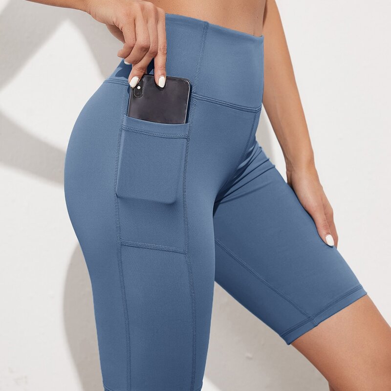 

High Stretch Wide Band Waist Sports Shorts With Phone Pocket, Baby blue