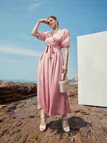 Mulvari Embroidery Surplice Neck Puff Sleeve Belted Dress - Dusty Pink - View 1