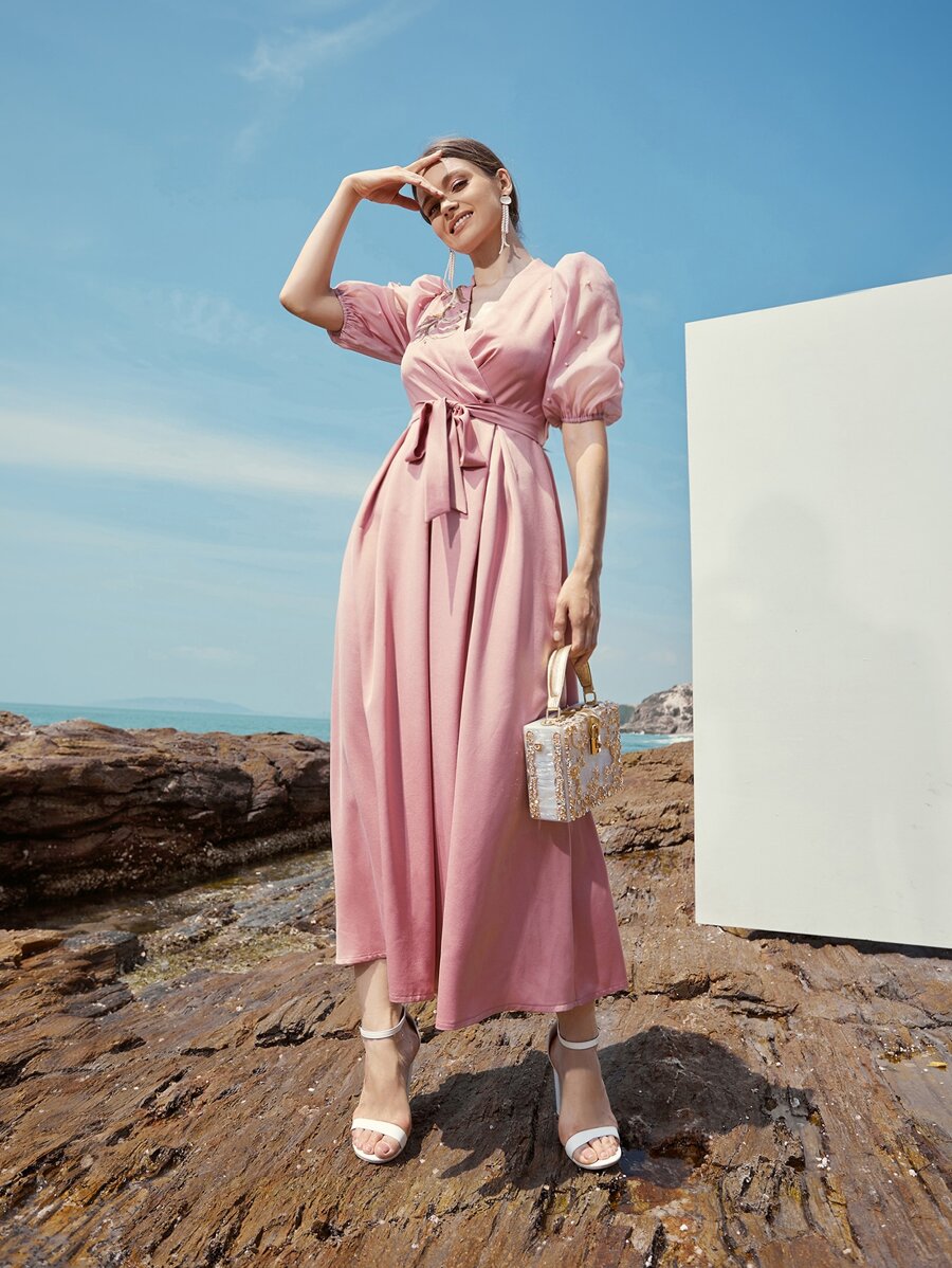 Mulvari Embroidery Surplice Neck Puff Sleeve Belted Dress - Dusty Pink - View 1