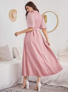 Mulvari Embroidery Surplice Neck Puff Sleeve Belted Dress - Dusty Pink - View 2