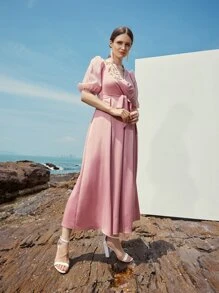 Mulvari Embroidery Surplice Neck Puff Sleeve Belted Dress - Dusty Pink - View 3