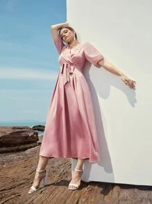 Mulvari Embroidery Surplice Neck Puff Sleeve Belted Dress - Dusty Pink - View 4