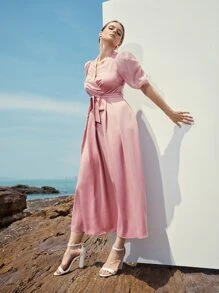 Mulvari Embroidery Surplice Neck Puff Sleeve Belted Dress - Dusty Pink - View 5