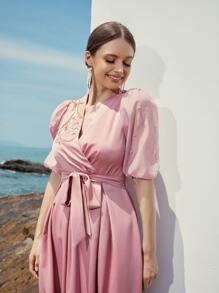 Mulvari Embroidery Surplice Neck Puff Sleeve Belted Dress - Dusty Pink - View 6