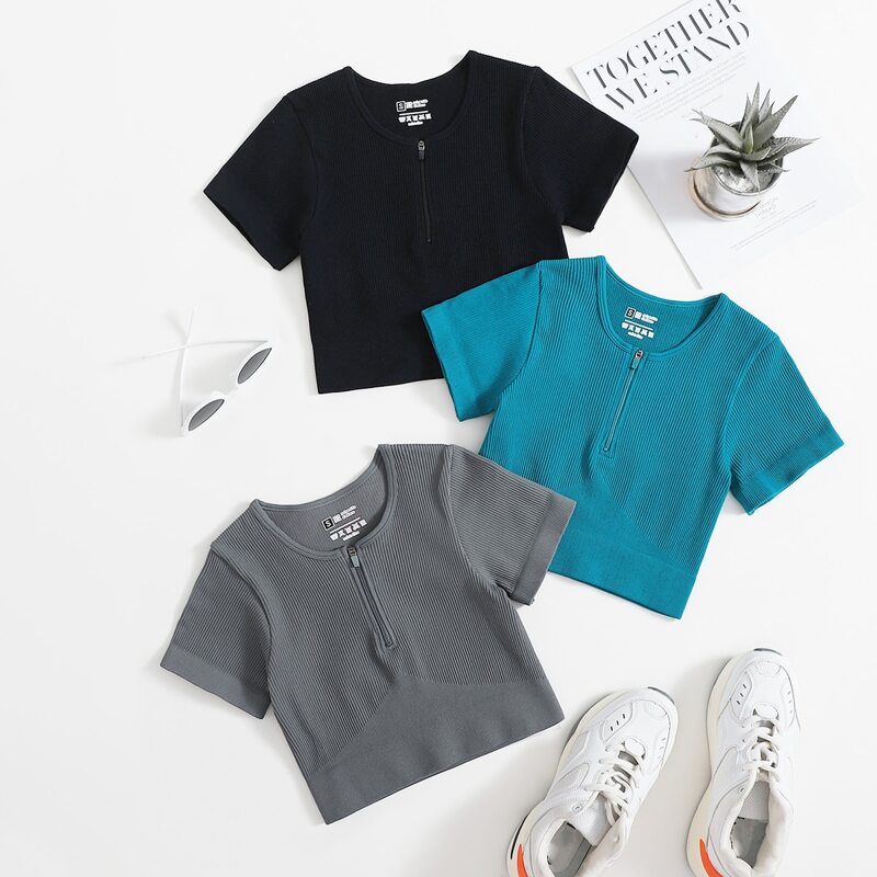 

3pcs Half Zip Rib-knit Sports Tee, Multicolor