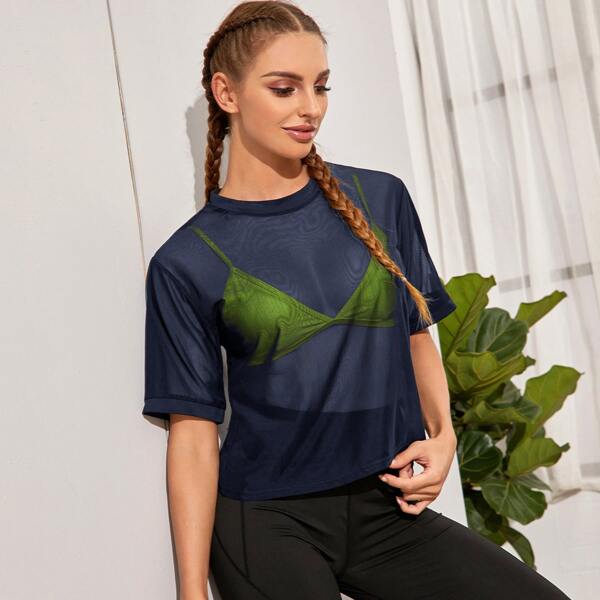 

Sheer Mesh Sports Tee Without Bra, Navy blue