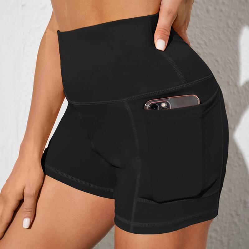 

Wide Band Waist Sports Shorts With Phone Pocket, Black