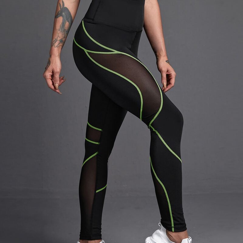 

Mesh Panel Topstitching Sports Leggings, Black