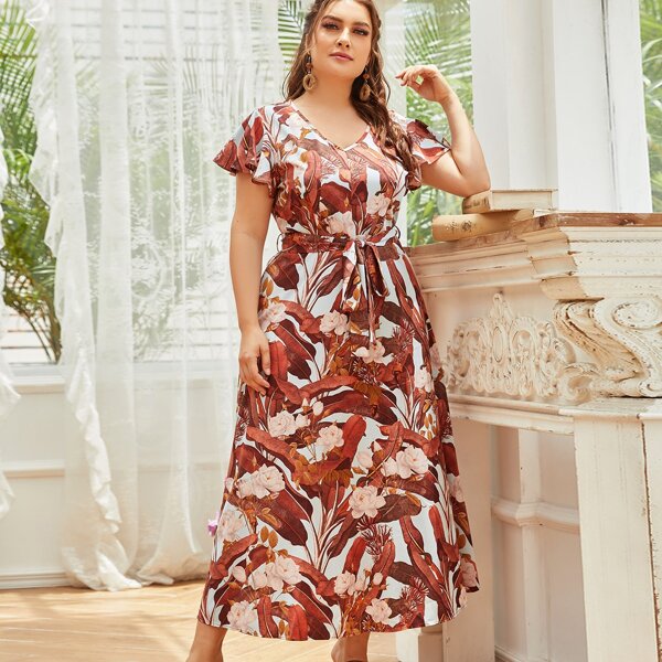 

Plus Floral V Neck Belted Dress, Multicolor
