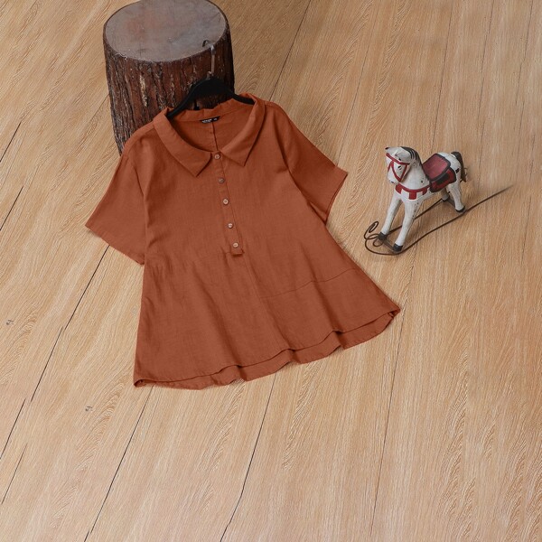 

Plus Button Half Solid Blouse, Burnt orange