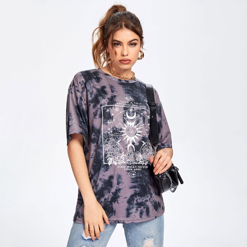 

Drop Shoulder Tie Dye & Graphic Print Tee, Multicolor