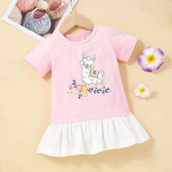 

Baby Girl Cartoon Graphic Ruffle Hem Dress, Baby pink