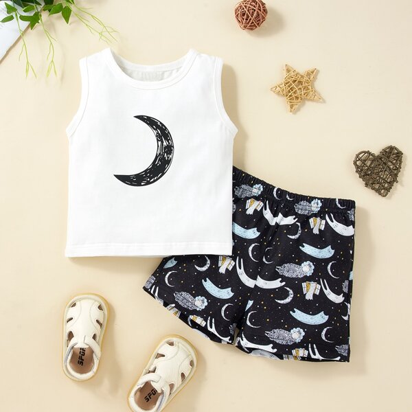 

Baby Boy Moon Print Tank Top With Shorts, Black and white