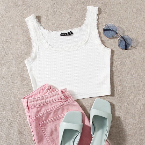 

Lace Trim Rib Knit Tank Top, White