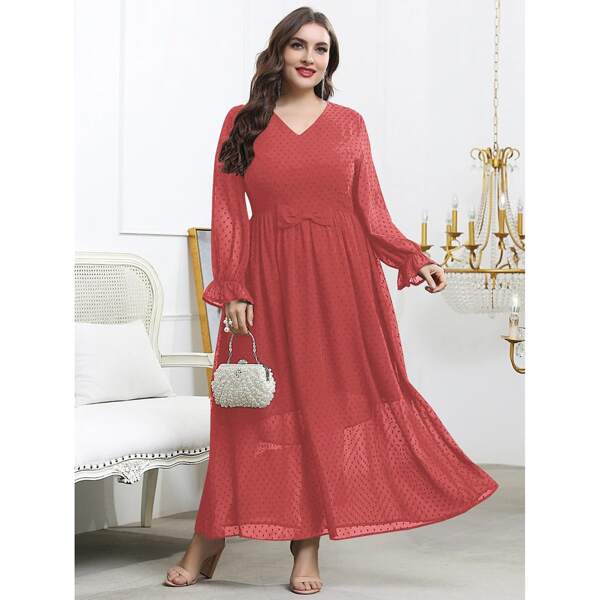 

Plus Swiss Dot Flounce Sleeve Bow Dress, Red