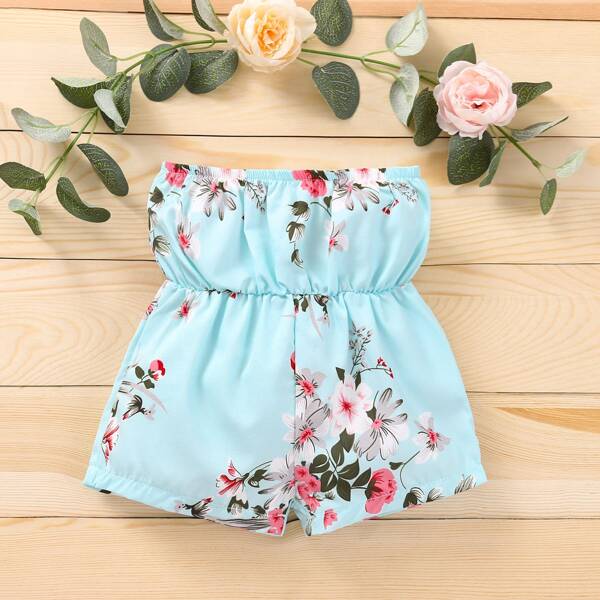 

Baby Girl Floral Bandeau Romper, Mint blue