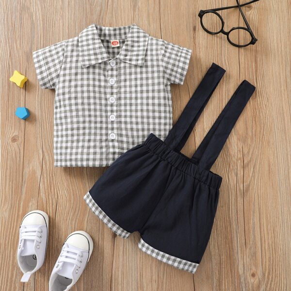 

Baby Boy Gingham Shirt & Suspender Shorts, Multicolor