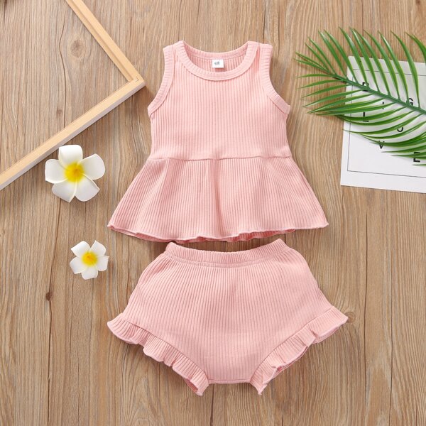 

Baby Girl Rib-knit Tank Top With Shorts, Pink