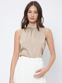 BizChic Women's Solid Color High Neck Pleated Decor Sleeveless Satin Loose Blouse, Basic Urban Commute Simple Elegant Fashionable Business Casual, Suitable For Teachers, Office, Weddings, Concerts - Apricot - View 1