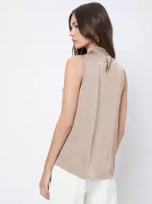 BizChic Women's Solid Color High Neck Pleated Decor Sleeveless Satin Loose Blouse, Basic Urban Commute Simple Elegant Fashionable Business Casual, Suitable For Teachers, Office, Weddings, Concerts - Apricot - View 2