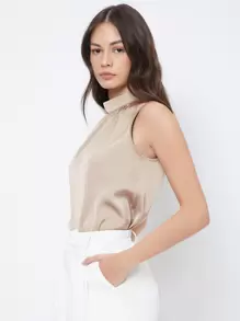 BizChic Women's Solid Color High Neck Pleated Decor Sleeveless Satin Loose Blouse, Basic Urban Commute Simple Elegant Fashionable Business Casual, Suitable For Teachers, Office, Weddings, Concerts - Apricot - View 3