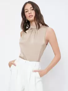 BizChic Women's Solid Color High Neck Pleated Decor Sleeveless Satin Loose Blouse, Basic Urban Commute Simple Elegant Fashionable Business Casual, Suitable For Teachers, Office, Weddings, Concerts - Apricot - View 4