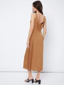 SHEIN 大圓領素色連衣裙 - 棕色 - 查看 2