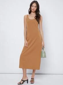 SHEIN 大圓領素色連衣裙 - 棕色 - 查看 4