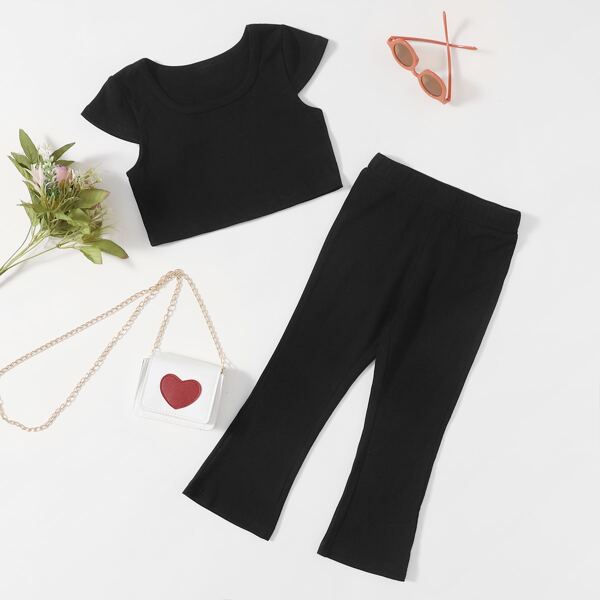 

Toddler Girls Cap Sleeve Tee With Flare Leg Pants, Black
