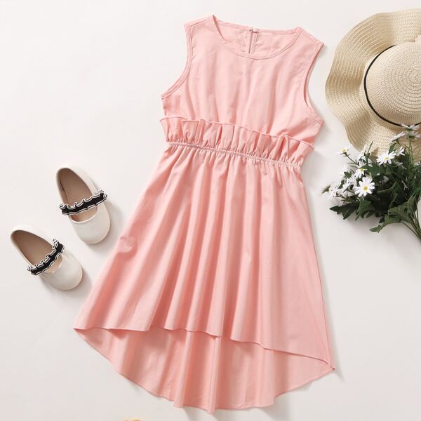 

Girls Ruffle Trim High Low Hem Dress, Coral pink