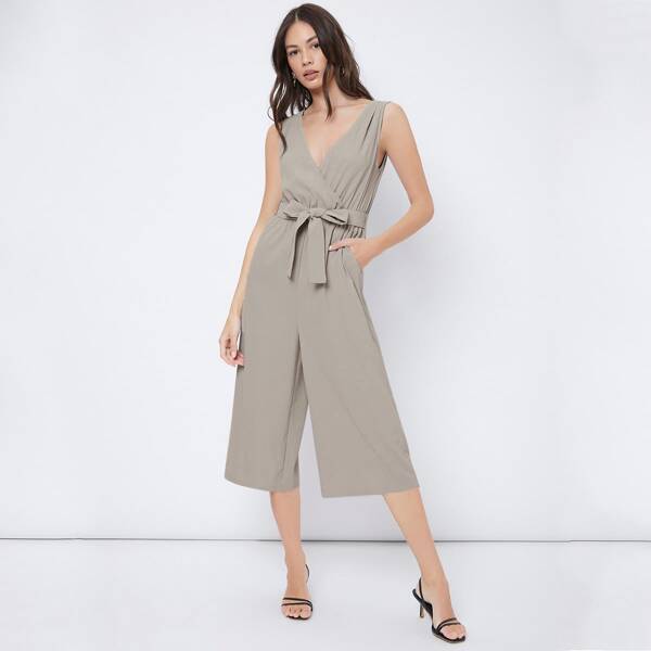 

Surplice Neck Belted Jumpsuit, Khaki