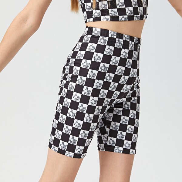 

Girls Cartoon & Checker Print Biker Shorts, Black and white