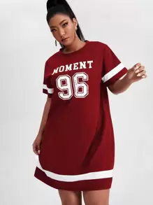 Flirla Plus Letter Graphic Varsity Dress - Burgundy - View 1