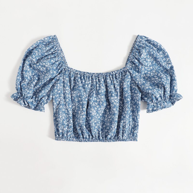 

Ditsy Floral Puff Sleeve Crop Top, Blue