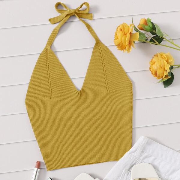 

Halterneck Tie Back Knit Top, Yellow
