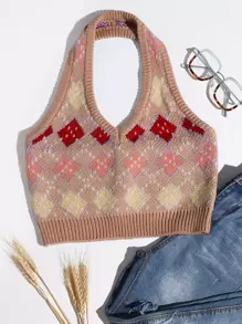 SHEIN Unity Knit ngọn Hình học Giải trí - Màu nâu  Mocha - Xem 1