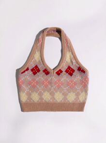 SHEIN Unity Knit ngọn Hình học Giải trí - Màu nâu  Mocha - Xem 3