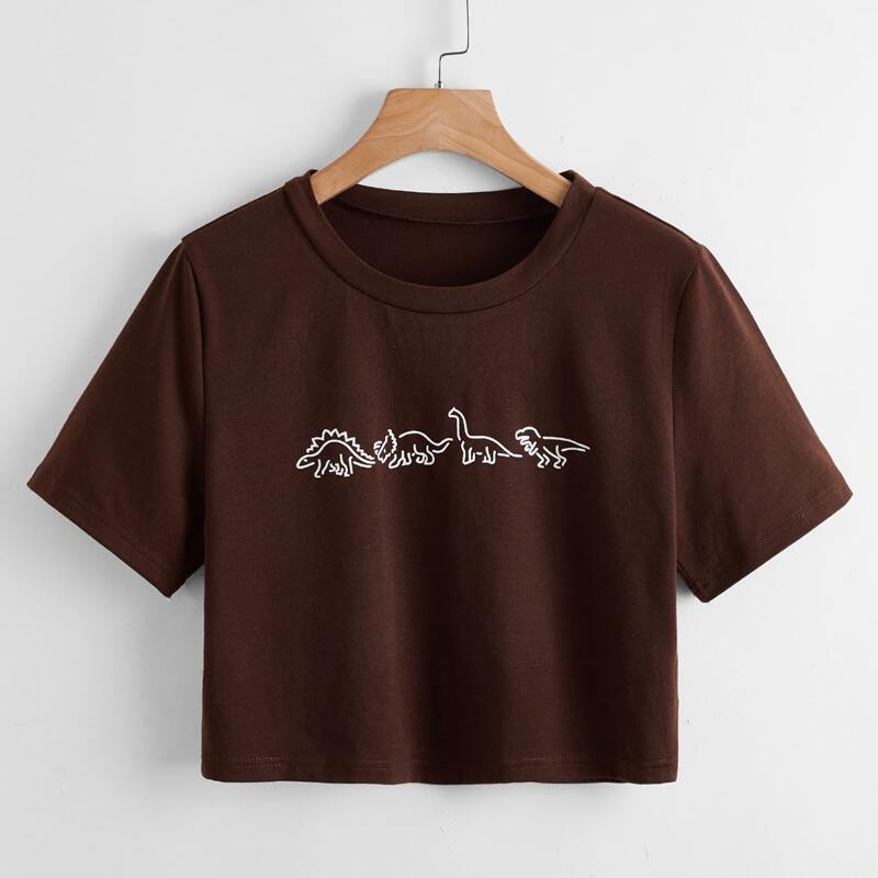 

Cartoon Dinosaur Graphic Crop Tee, Chocolate brown