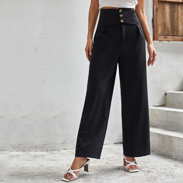 

Button Front Wide Leg Solid Pants, Black
