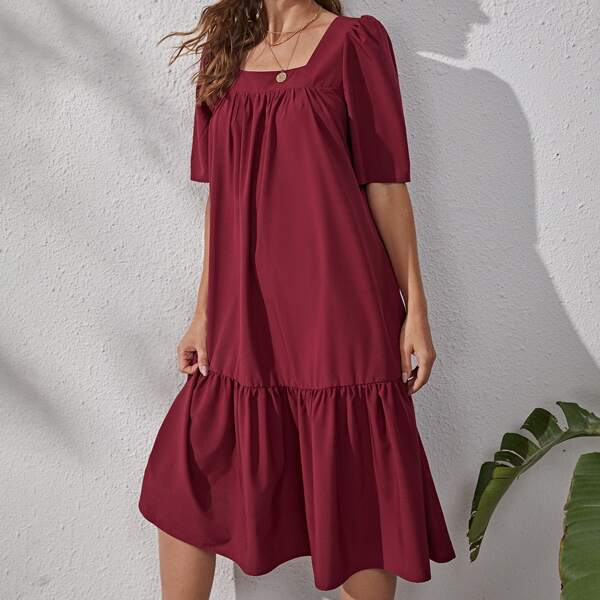

Solid Puff Sleeve Ruffle Hem Smock Dress, Burgundy