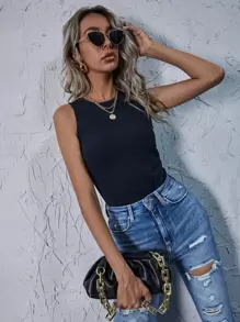 SHEIN Essnce 素色羅紋針織背心上衣 - 藏蓝色 - 查看 1