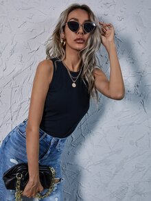 SHEIN Essnce 素色羅紋針織背心上衣 - 藏蓝色 - 查看 6