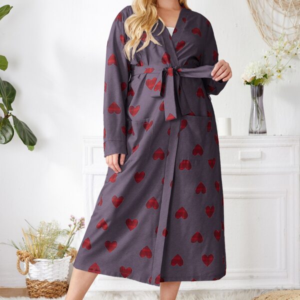 

Plus Heart Print Dual Pocket Belted Robe, Dark grey