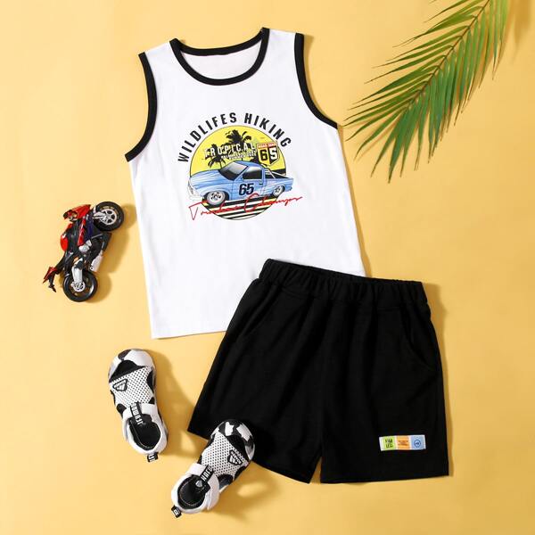 

Boys Car Print Tank Top & Shorts, Black and white